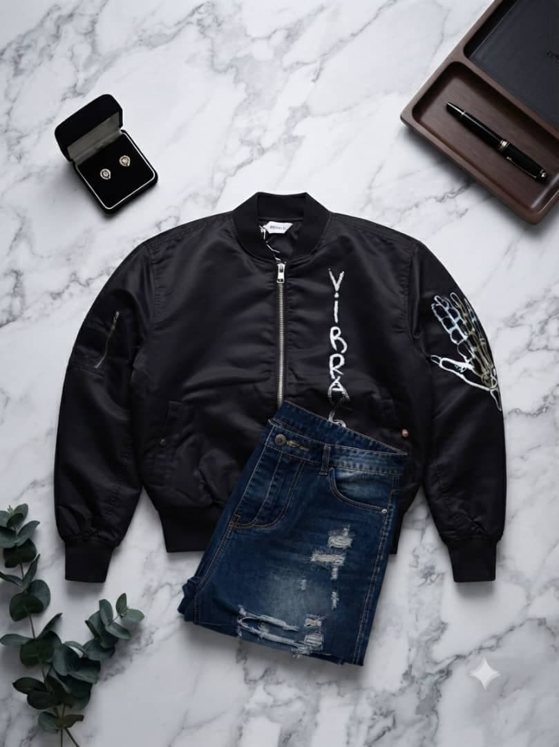 Black VIBBANE bomber jacket with skeleton graphic and dark denim shorts styled flat on white marble.