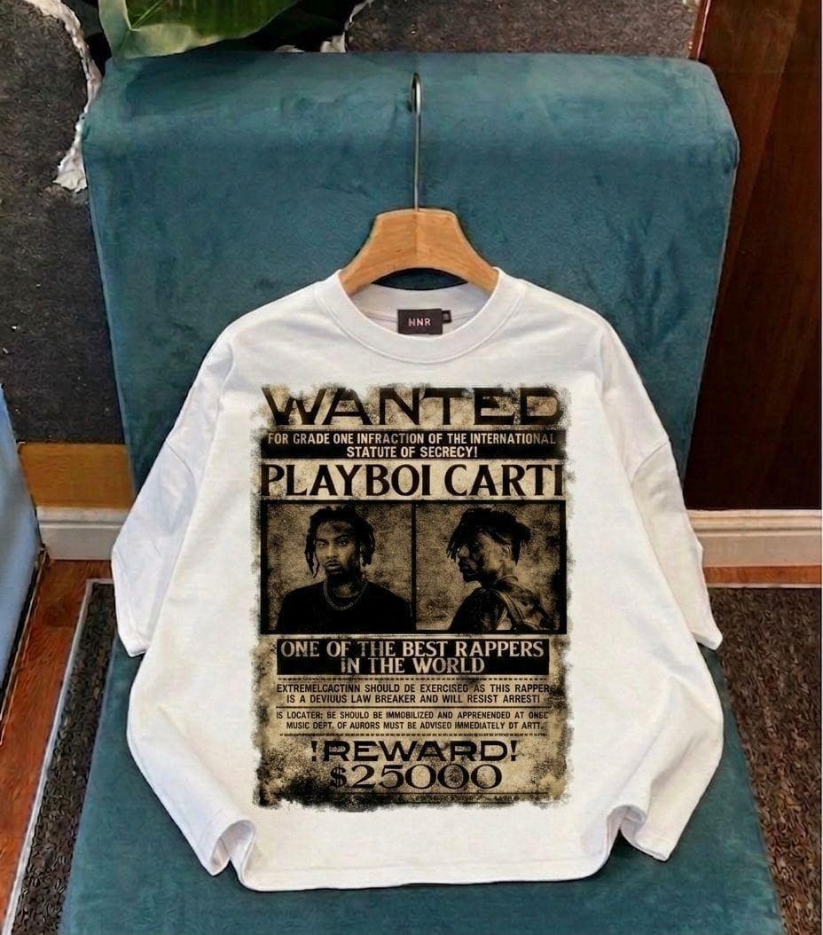 White crop tee with Playboi Carti wanted poster graphic.