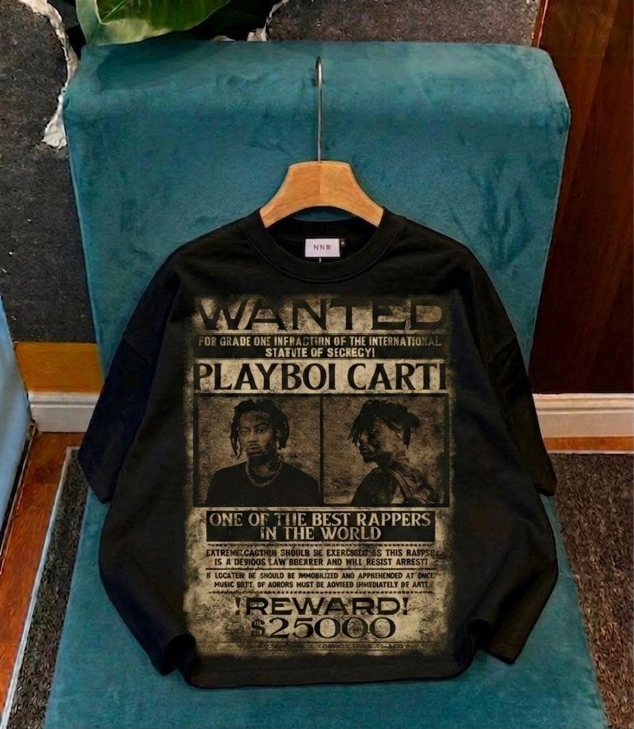 Black crop tee with Playboi Carti wanted poster graphic.