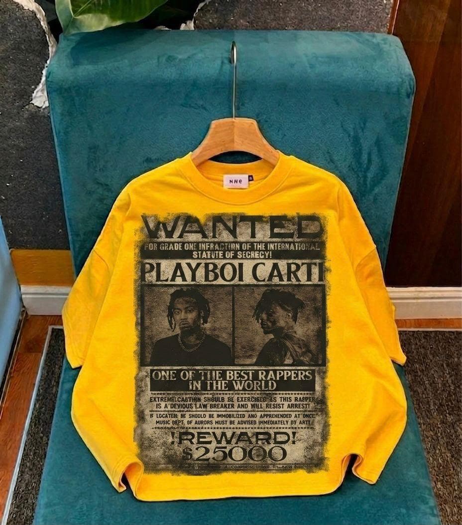 Yellow crop tee with Playboi Carti wanted poster graphic.