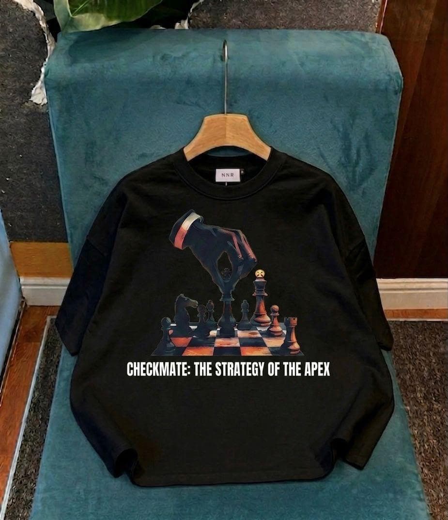 Black crop tee with chess hand and board graphic and CHECKMATE text.