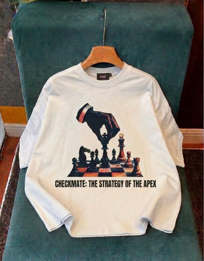 White crop tee with chess hand and board graphic and CHECKMATE text.