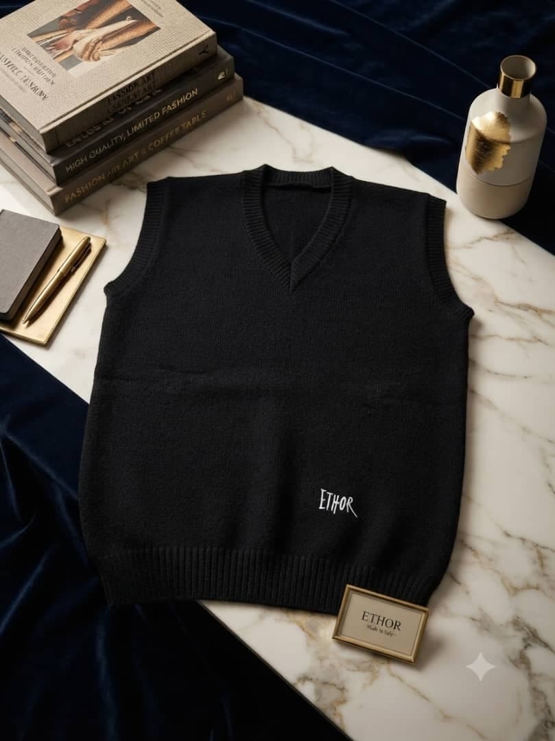 Black ETHOR unisex armless cardi laid flat on marble and velvet surface with styling accessories.