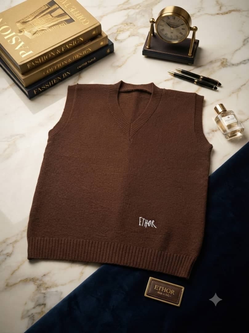 Brown ETHOR unisex armless cardi laid flat on marble surface with styling accessories.