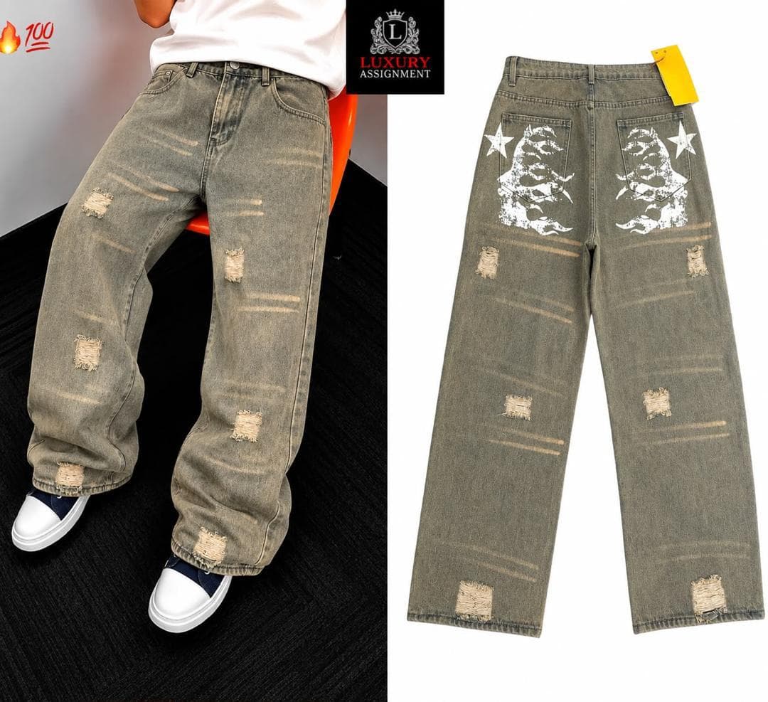 Split view of model in olive distressed baggy jeans and back with white prints and stars.