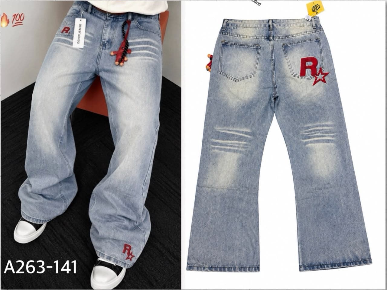 Model wearing light blue baggy jeans with R patches and bead chain, with back view.