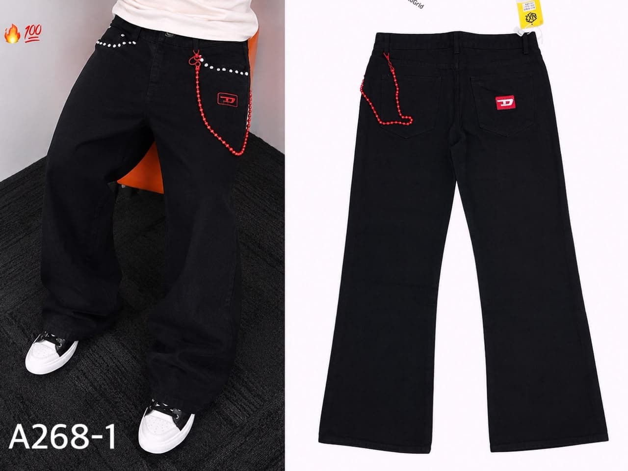 Model wearing black baggy jeans with red patch, bead chain, and white studs, with back view.