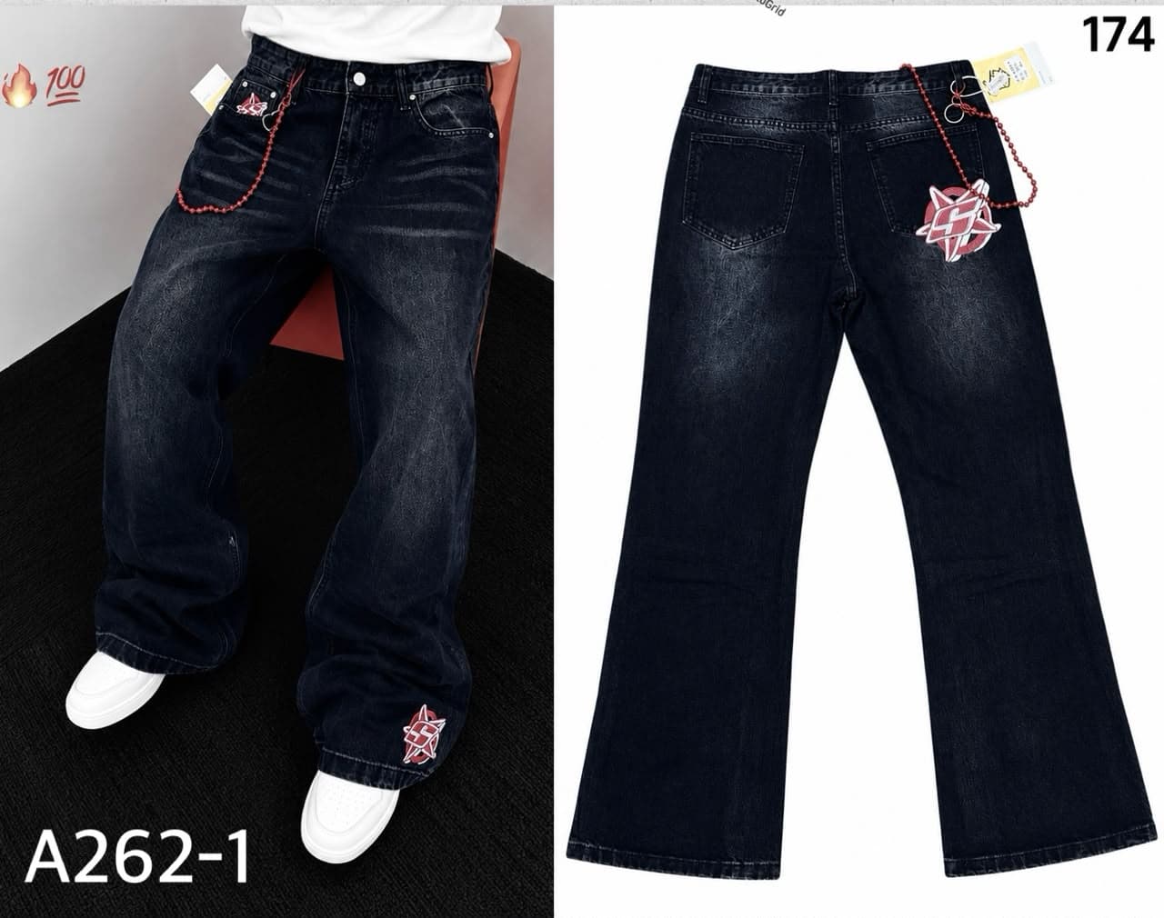 Model wearing dark baggy jeans with red star patches, red bead chain, and back view.
