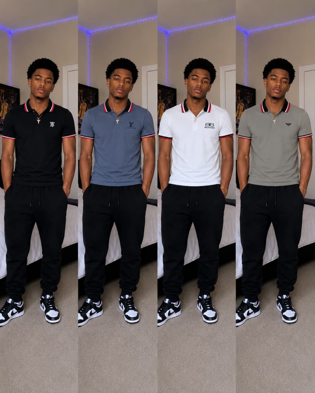 Four men modeling different colored polos with various logos and striped collars.