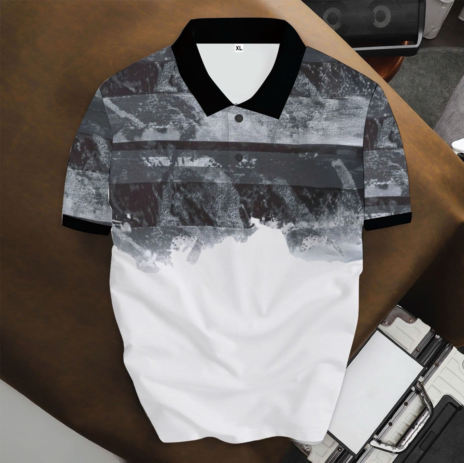 Gray white marble striped print polo shirt with black collar.