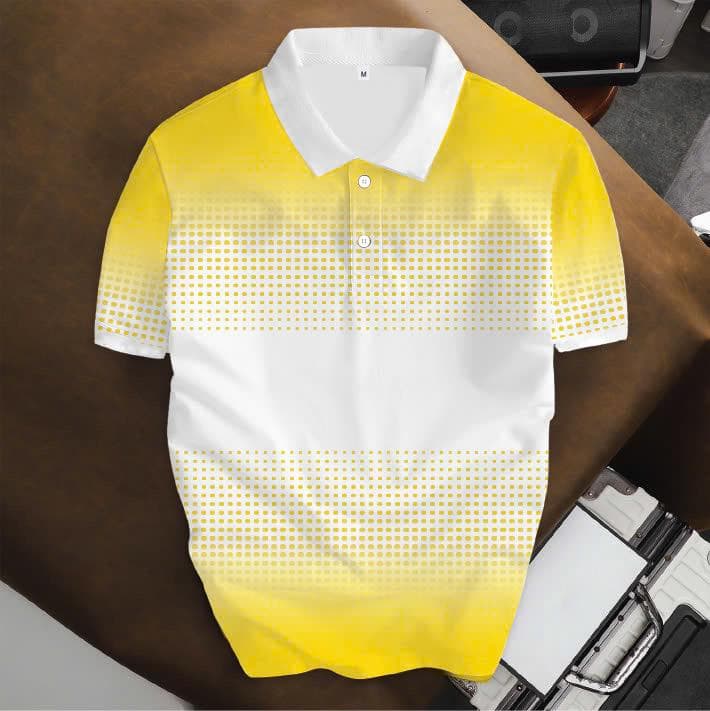 Yellow and white gradient polo shirt with dot pattern and white collar.