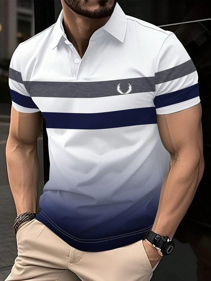 Man wearing white blue striped gradient polo shirt with beige trousers.