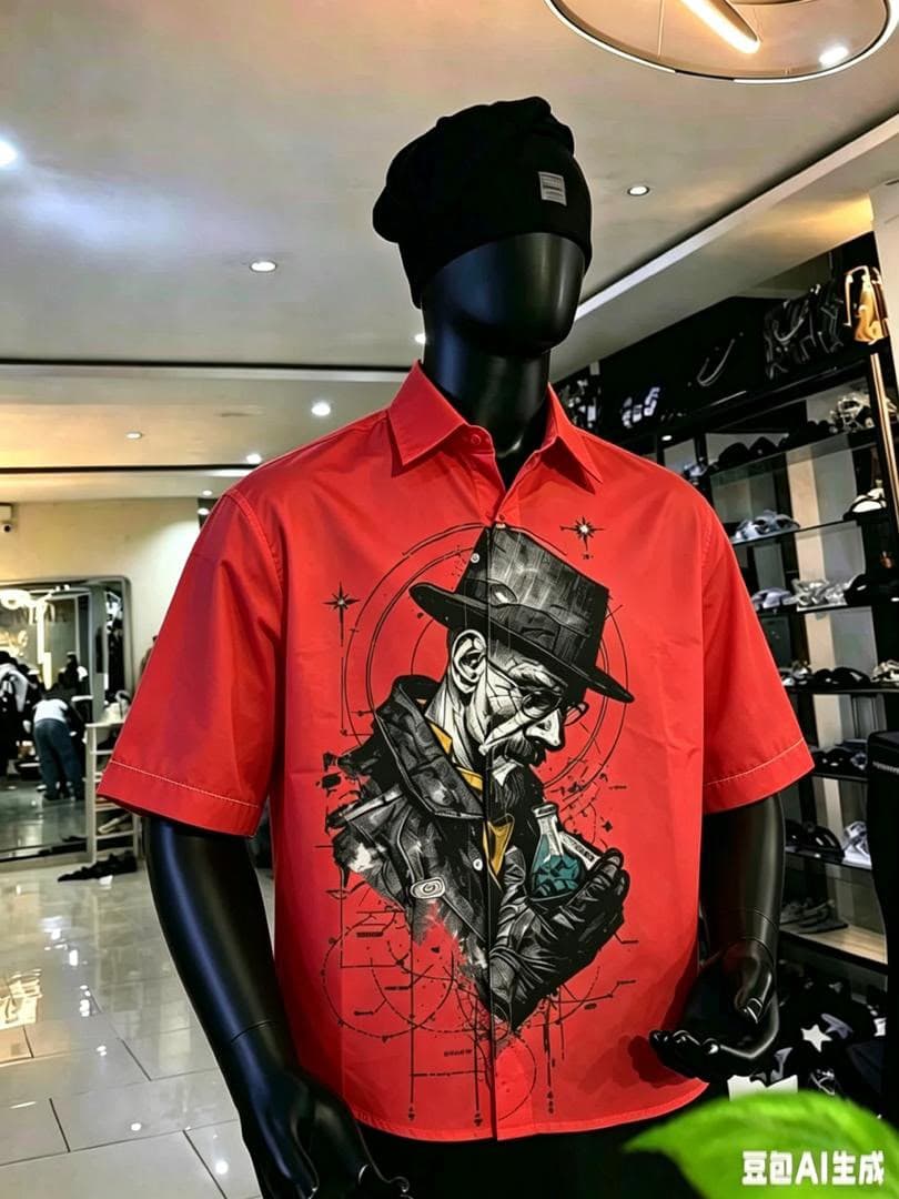 Red short sleeve graphic button-up shirt on mannequin.