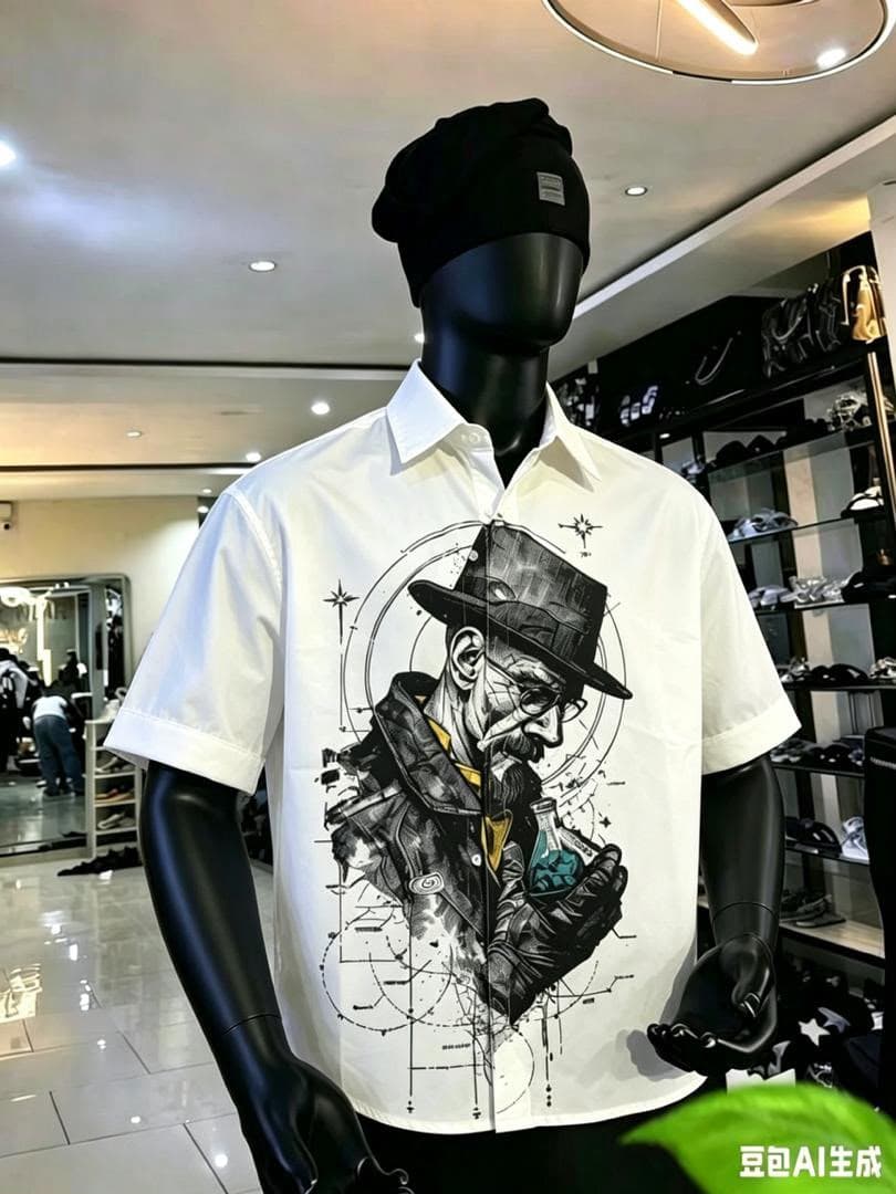 White short sleeve graphic button-up shirt on mannequin.