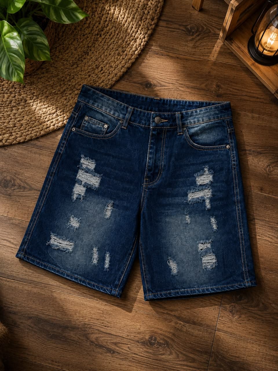 Dark blue denim shorts with multiple horizontal rips and frayed edges on wooden floor.