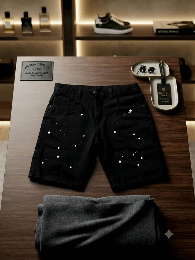 Black splatter shorts displayed on wooden table with fashion accessories and folded fabric.