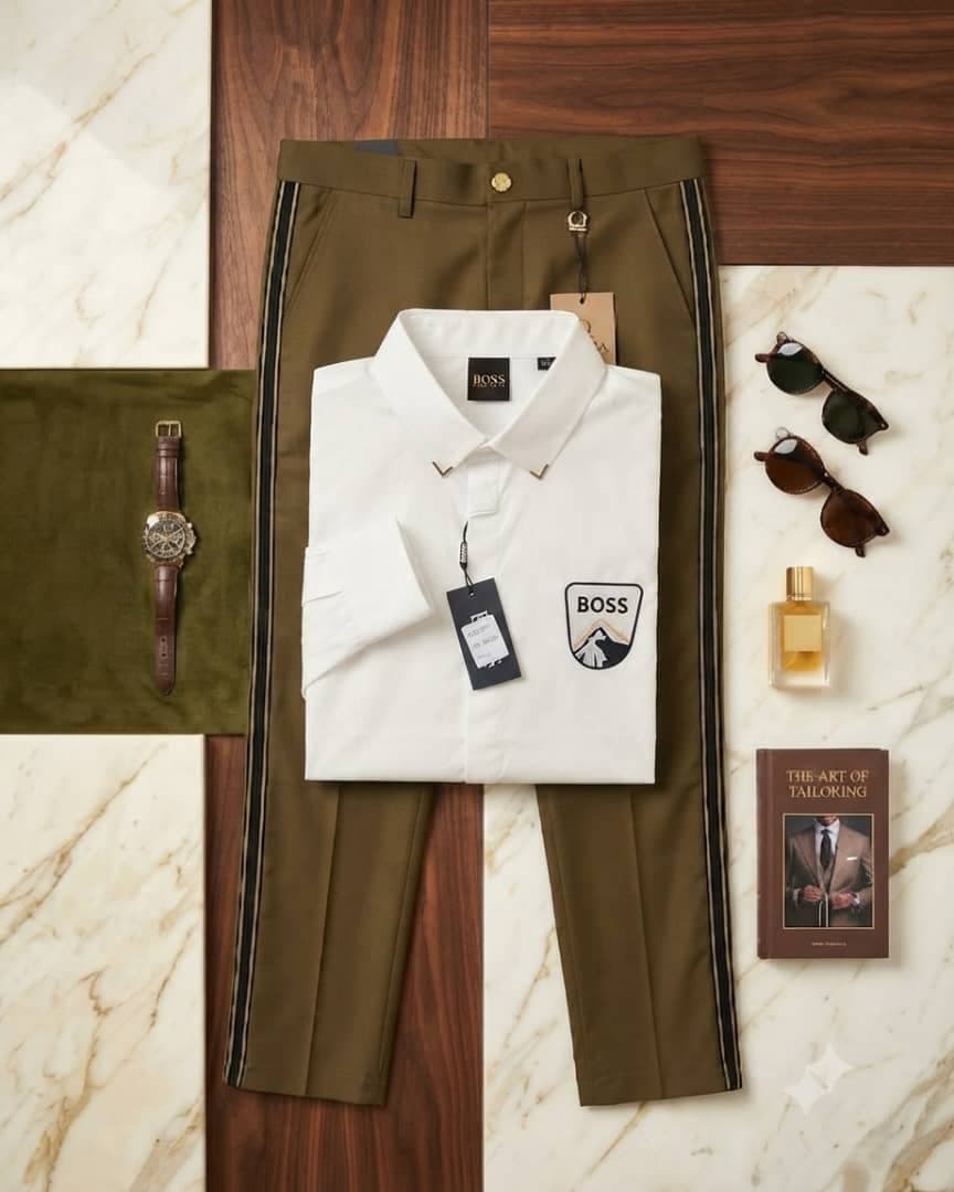 White Boss logo shirt folded over olive green side-striped trousers with accessories on marble and wood.