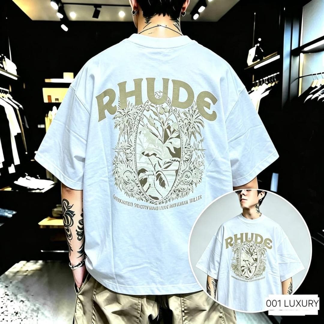 Back view of person in white Rhude oversized t-shirt showing large botanical graphic with text, inset of front view.