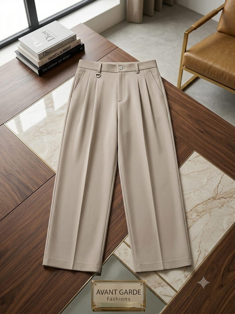 Beige pleated wide-leg flare pants on wooden table with fashion books and chair.