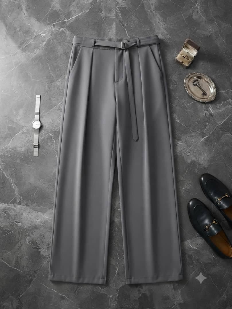 Gray pleated wide-leg flare pants laid flat on marble with watch, shoes and accessories.