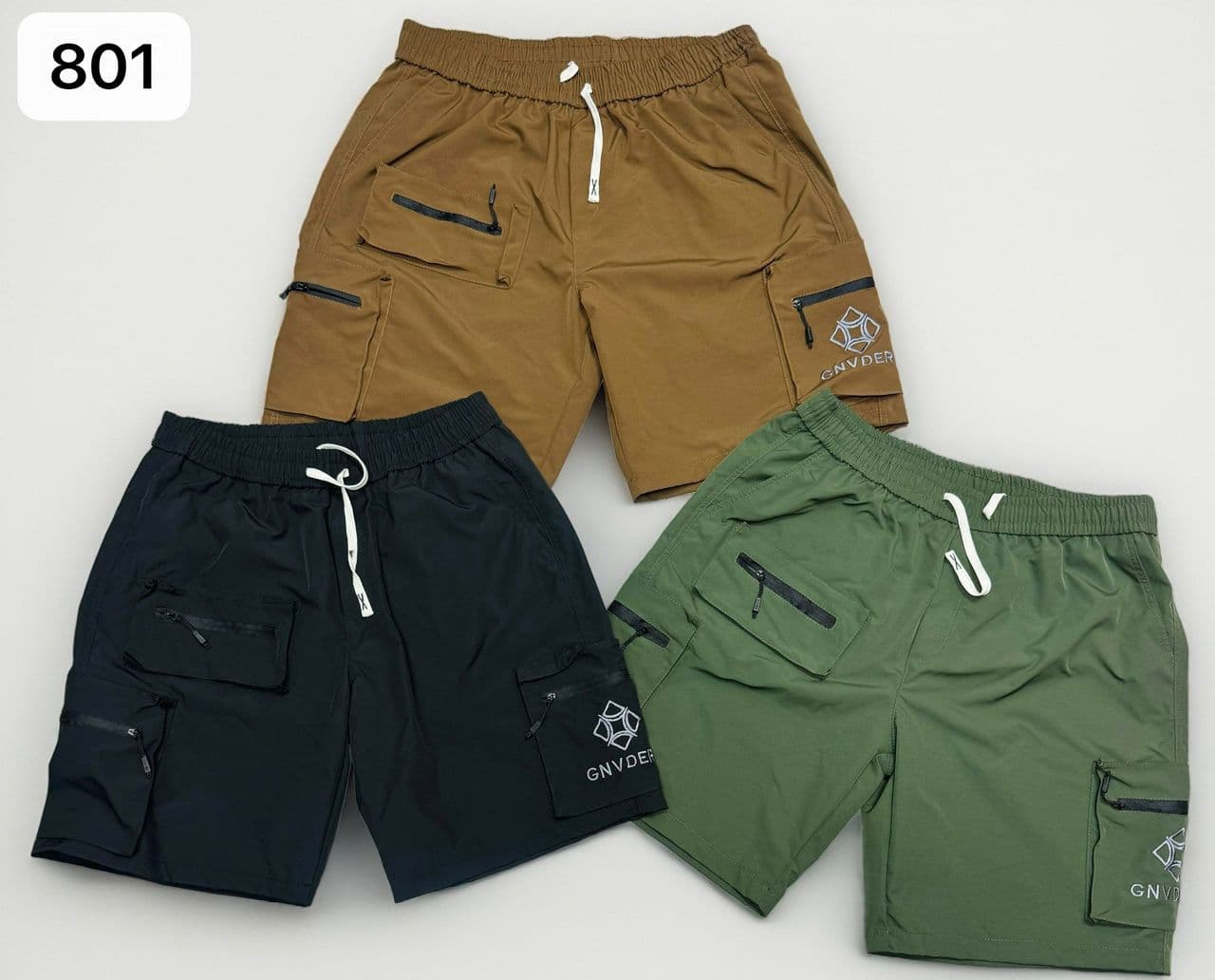 Cargo shorts displayed in khaki, black and green colorways.