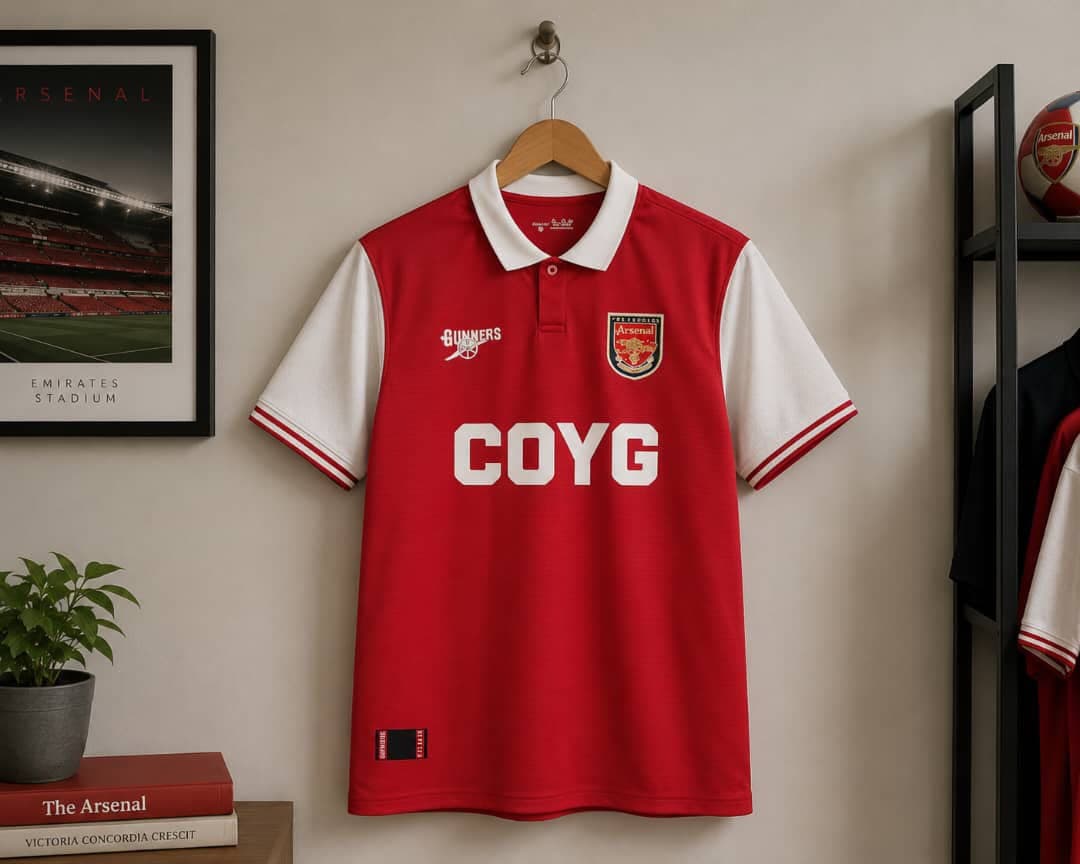 Arsenal COYG football jersey in red with white sleeves and collar.