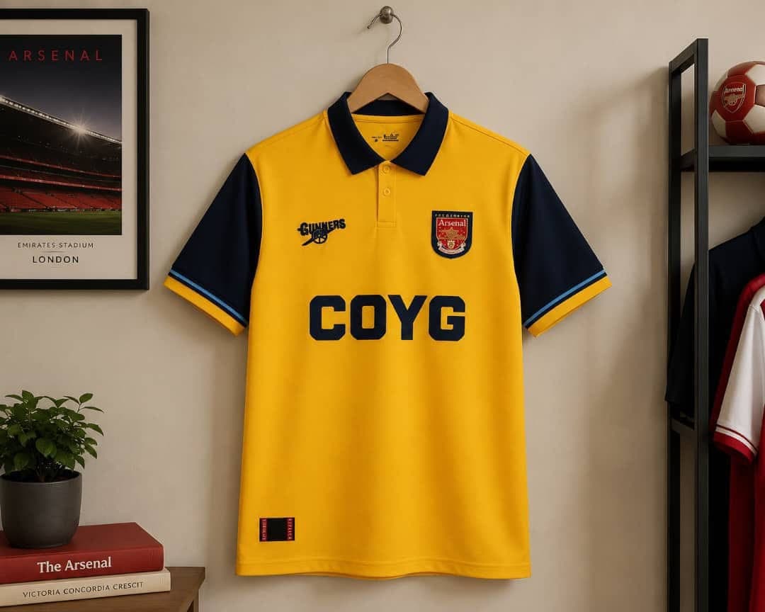 Arsenal COYG football jersey in yellow with navy sleeves and collar.