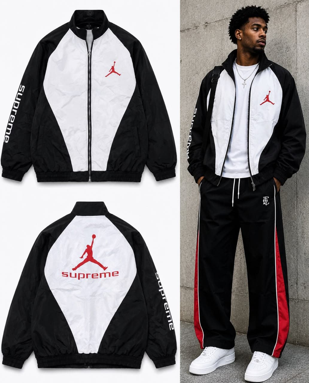 Black and white Supreme x Jordan windbreaker jacket shown in flat lay and on model.