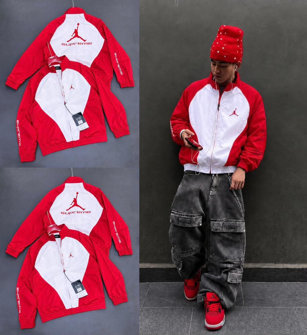 Red and white Supreme x Jordan windbreaker jacket shown in flat lay and on model.