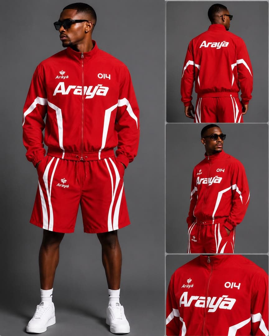 Man modeling red Araya tracksuit set with multiple views including front, back and details.