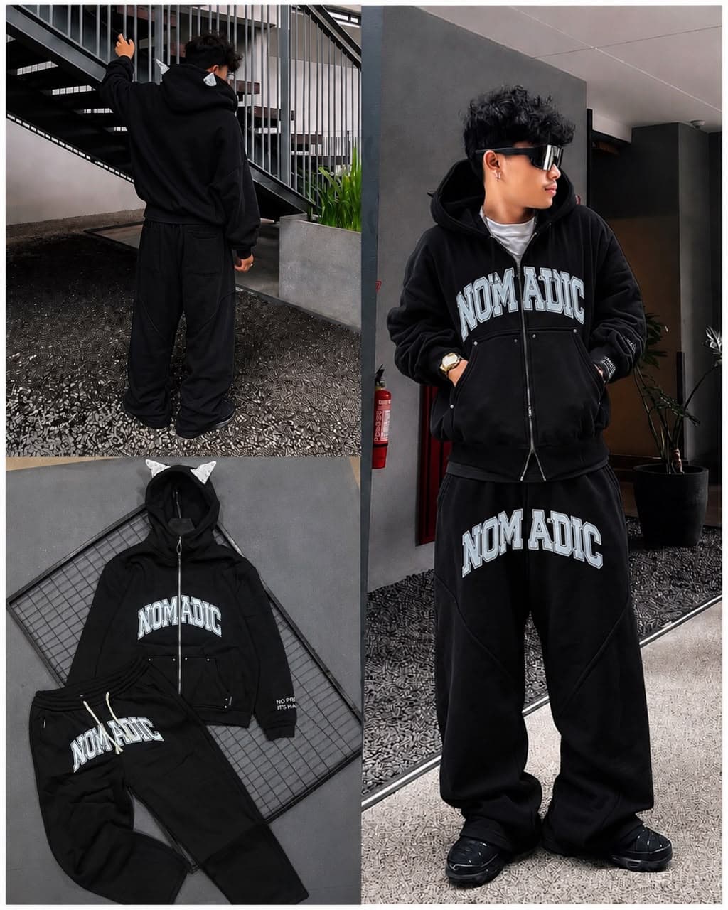 Black Nomadic zip-up hoodie and pants set in multiple lifestyle, model, and flat lay views.