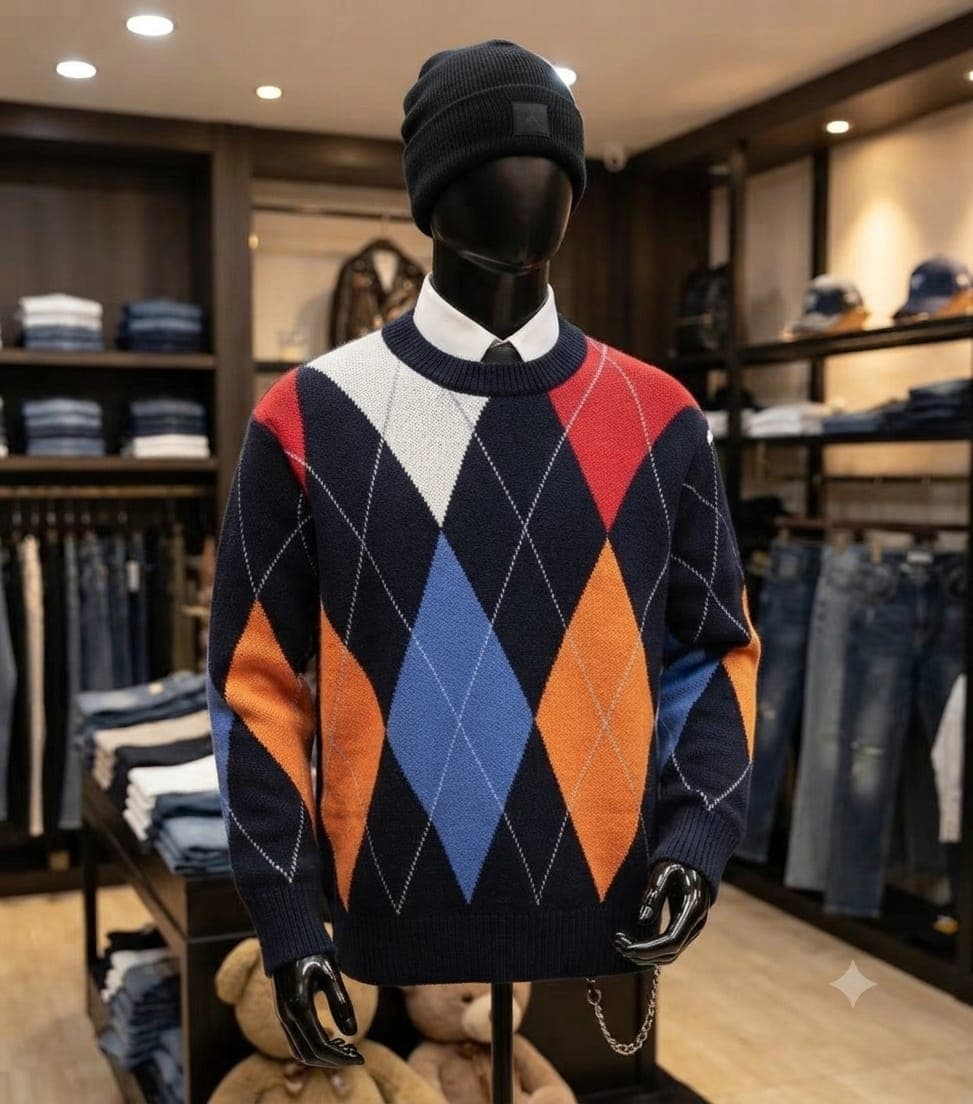 Mannequin wearing navy argyle pattern sweatshirt with multicolour diamonds.