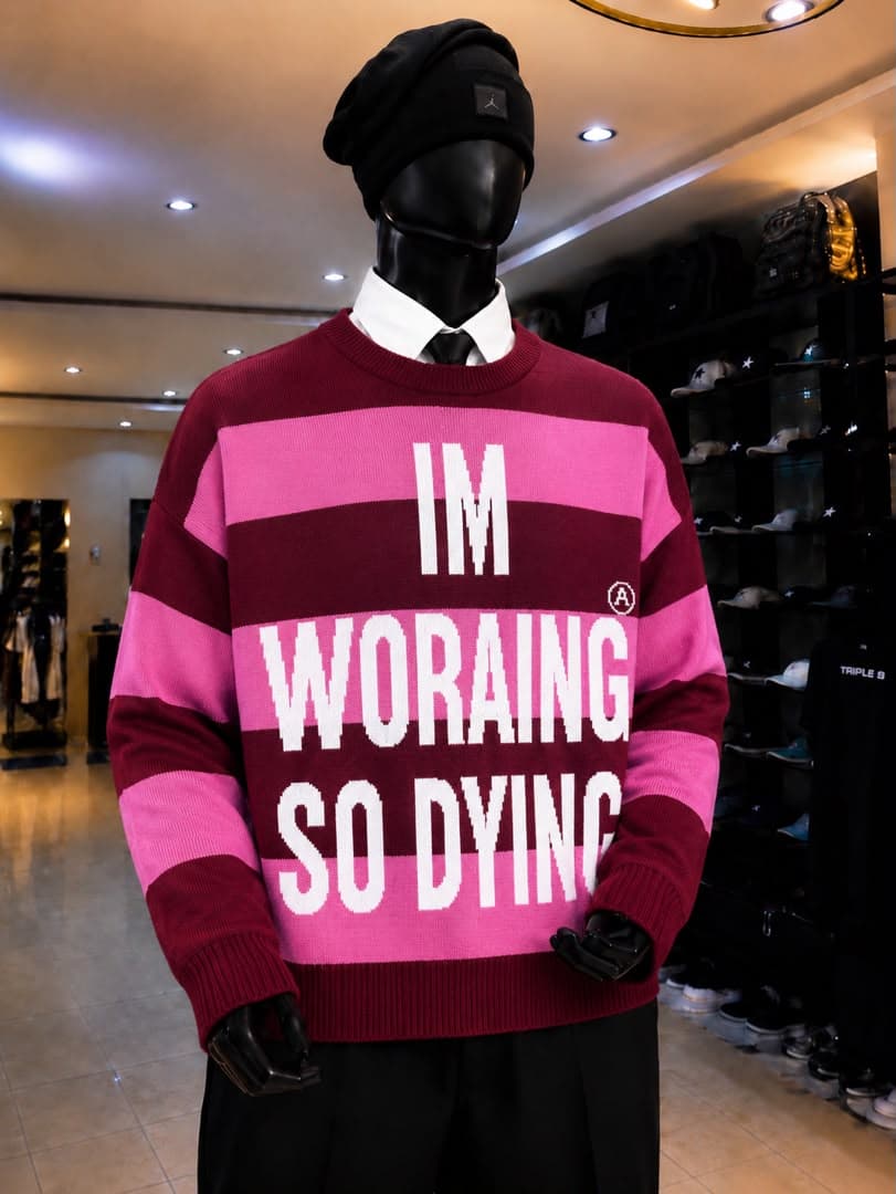 Mannequin wearing maroon and pink striped sweatshirt with large white text graphic.