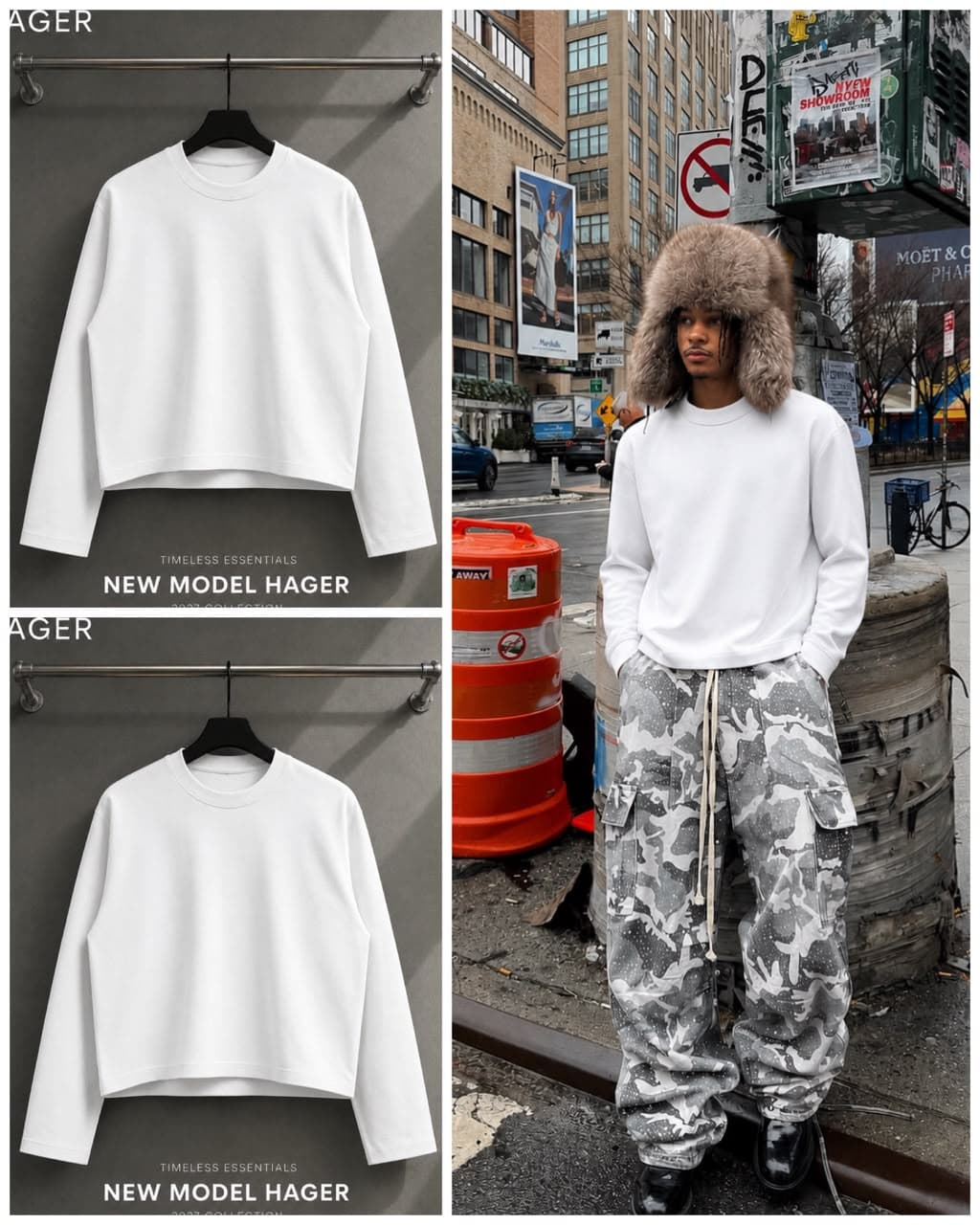 White cropped long sleeve sweatshirt on hanger and model in city setting with fur hat and camo pants.