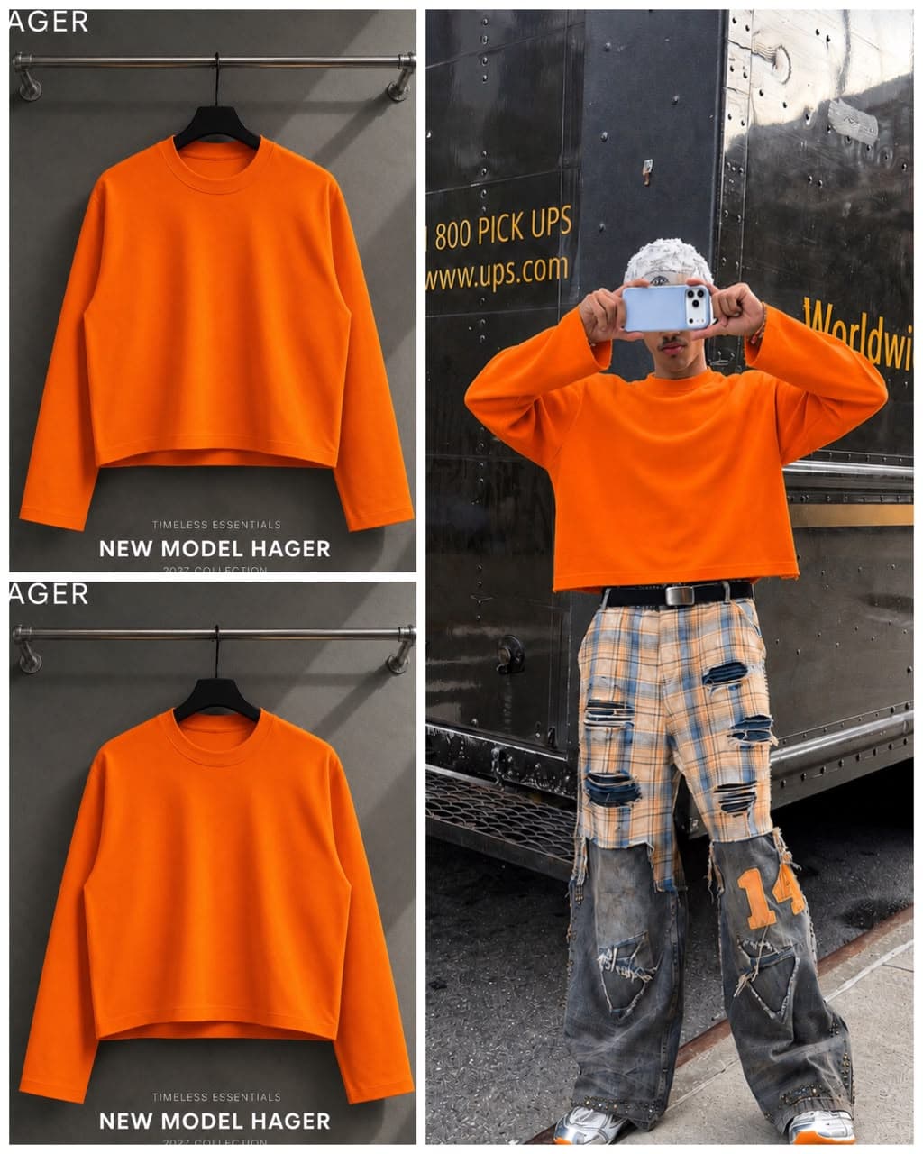 Orange cropped long sleeve sweatshirt on hanger and model posing with phone in plaid pants.