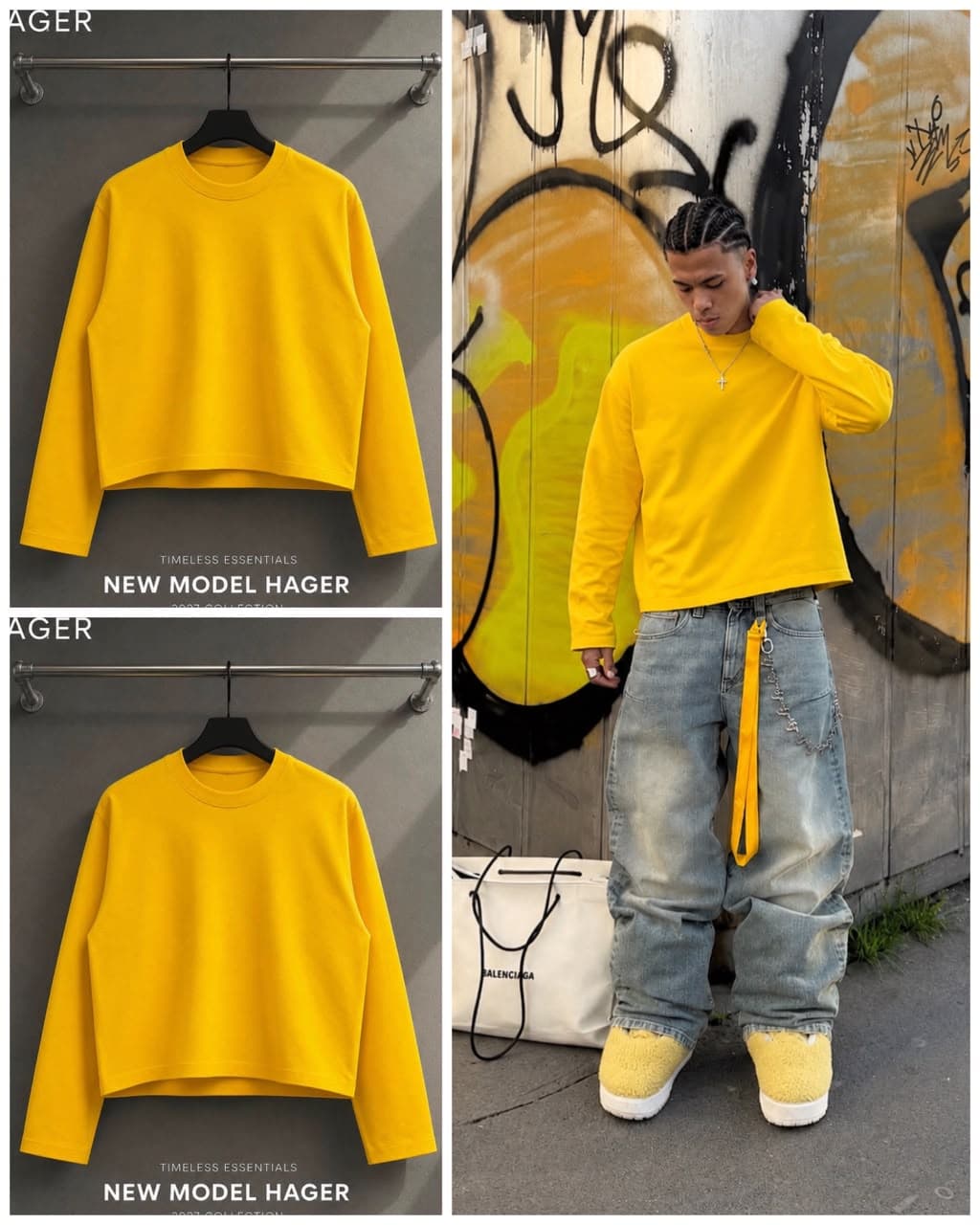 Yellow cropped long sleeve sweatshirt on hanger and model in urban outfit with jeans and yellow shoes.