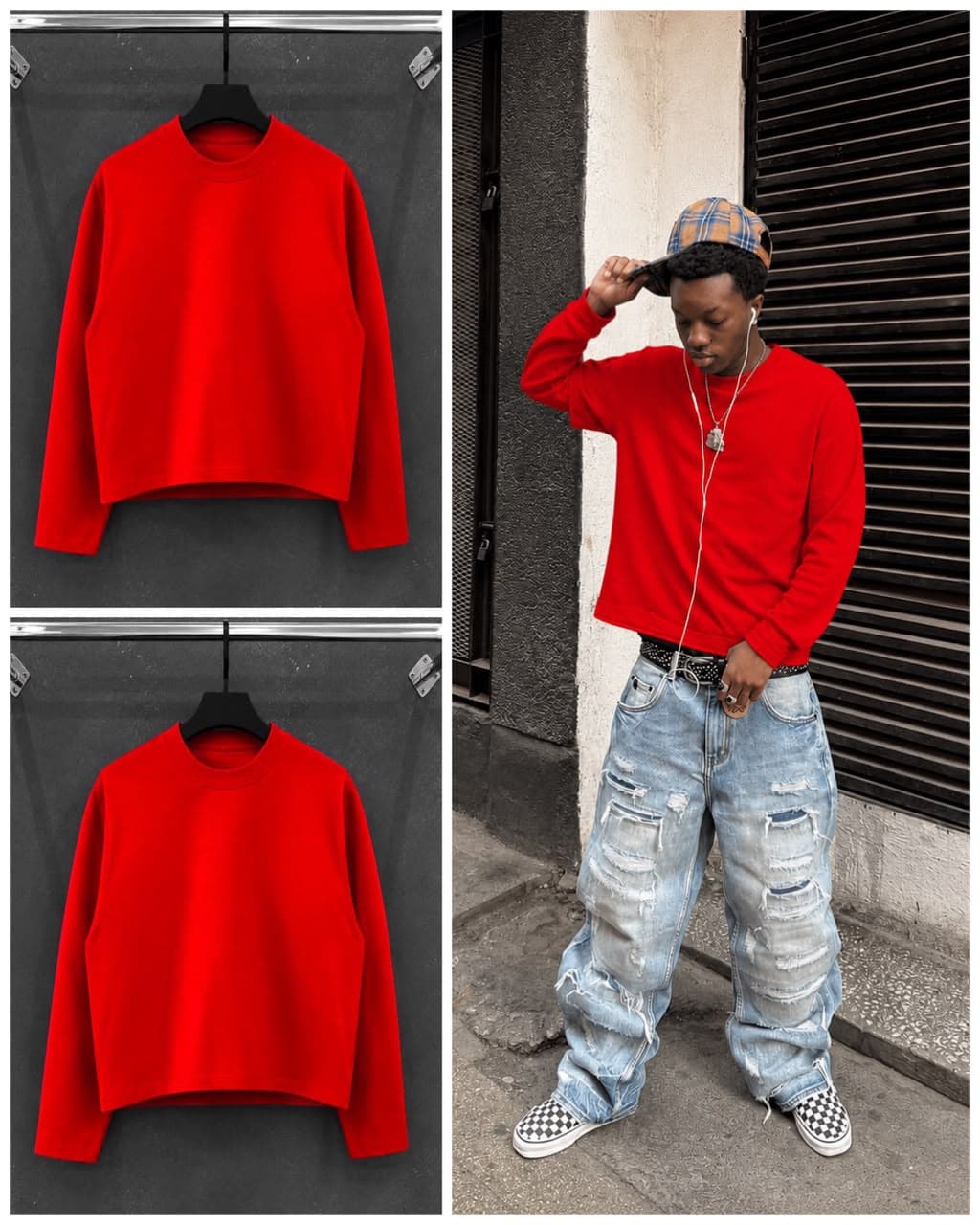 Red cropped long sleeve sweatshirt on hanger and model wearing it with ripped jeans and plaid cap.