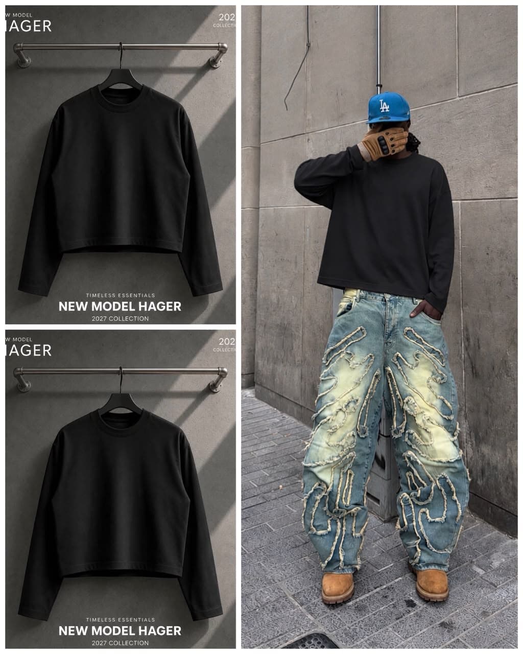 Black cropped long sleeve sweatshirt on hanger and model in street style with distressed jeans.