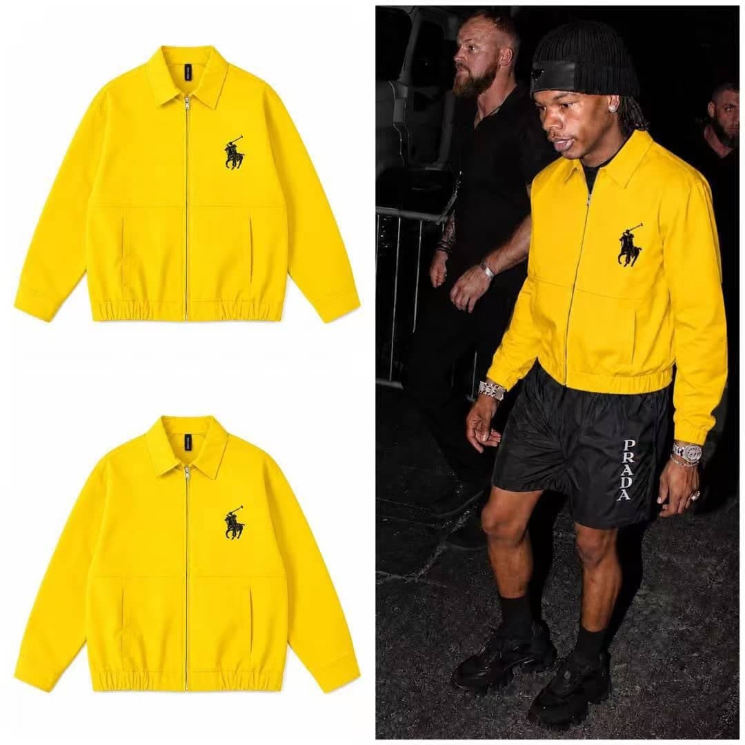 Yellow polo logo zip-up jacket shown flat and worn by model.