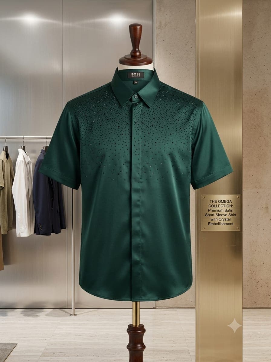 Green short sleeve studded satin shirt on mannequin with crystal embellishments.