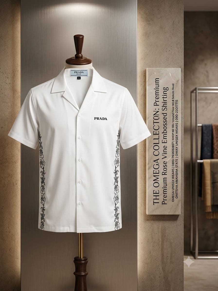 White short sleeve shirt on mannequin with black rose embroidery on sides and Prada logo.