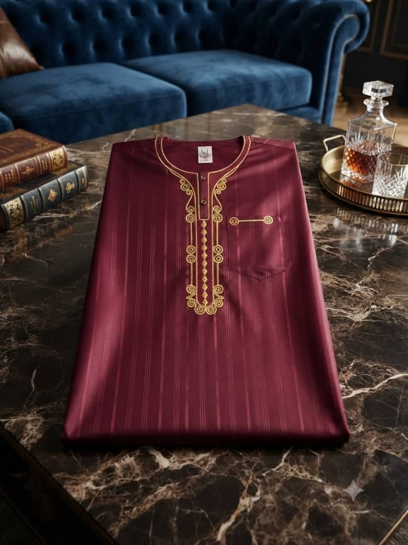 Burgundy striped jalabia with gold embroidery on marble coffee table.