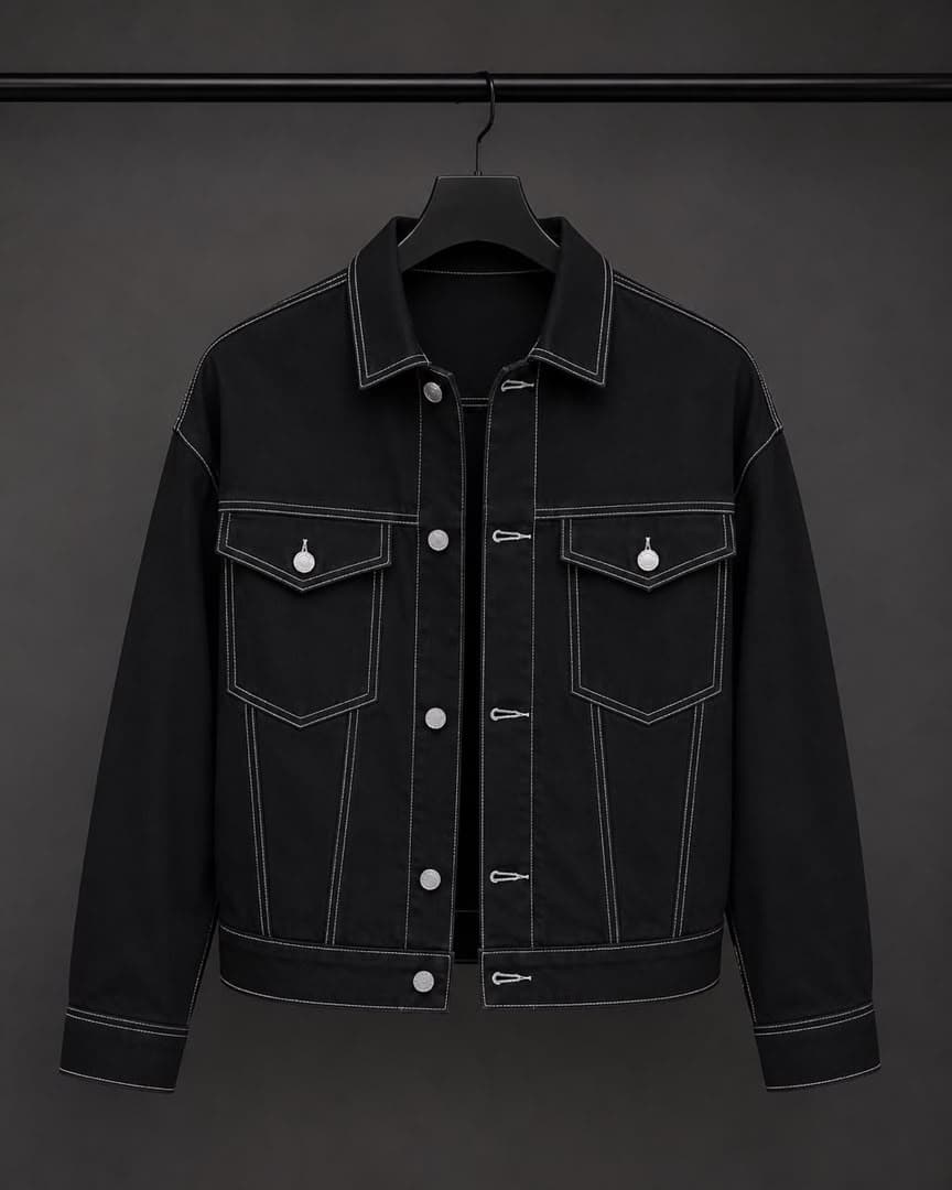 Black denim jacket with white contrast stitching and flap pockets, hanging on rack.