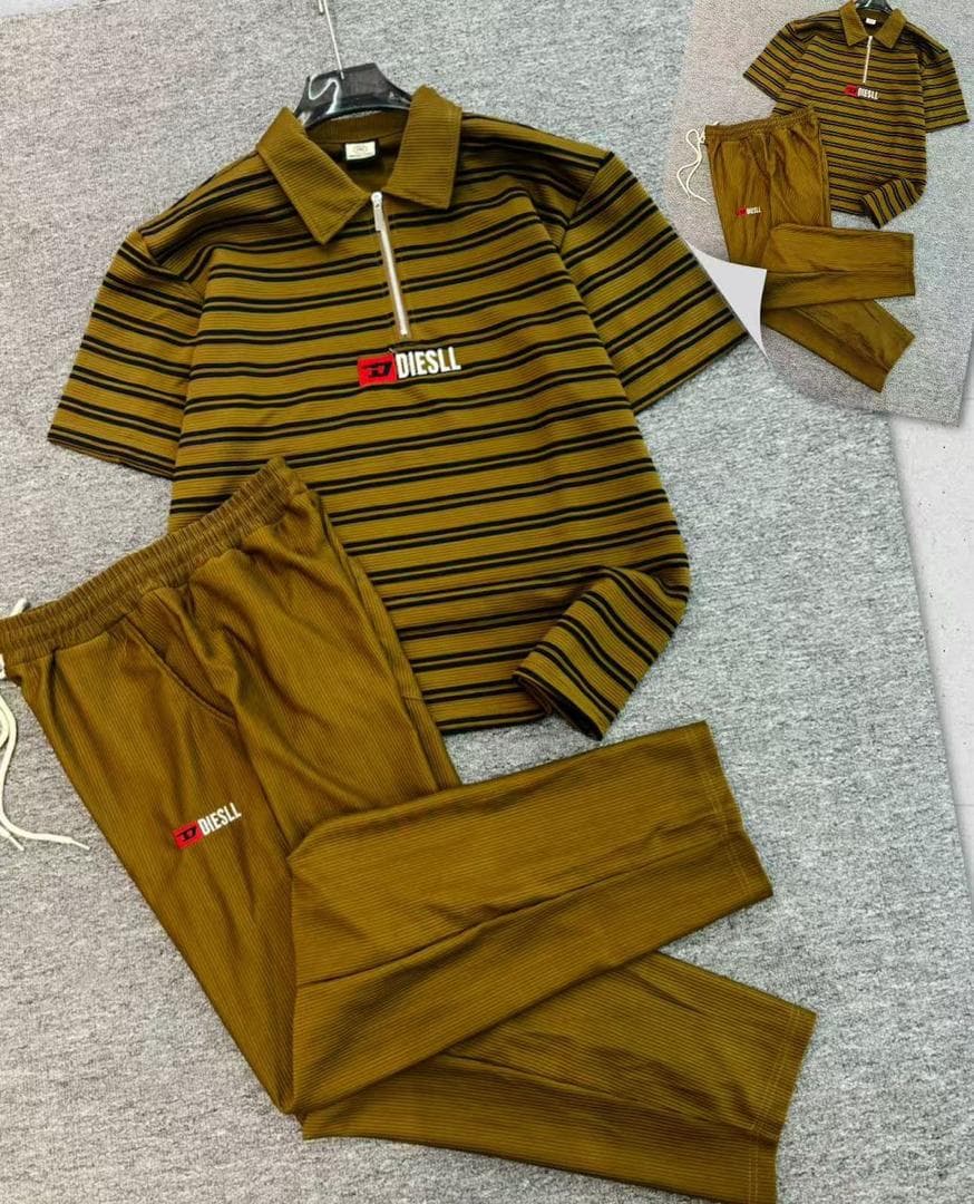 Olive and black striped ribbed quarter-zip polo two-piece set.