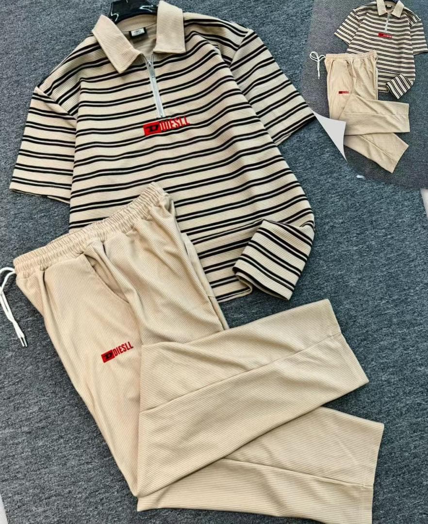 Beige and black striped ribbed quarter-zip polo two-piece set.