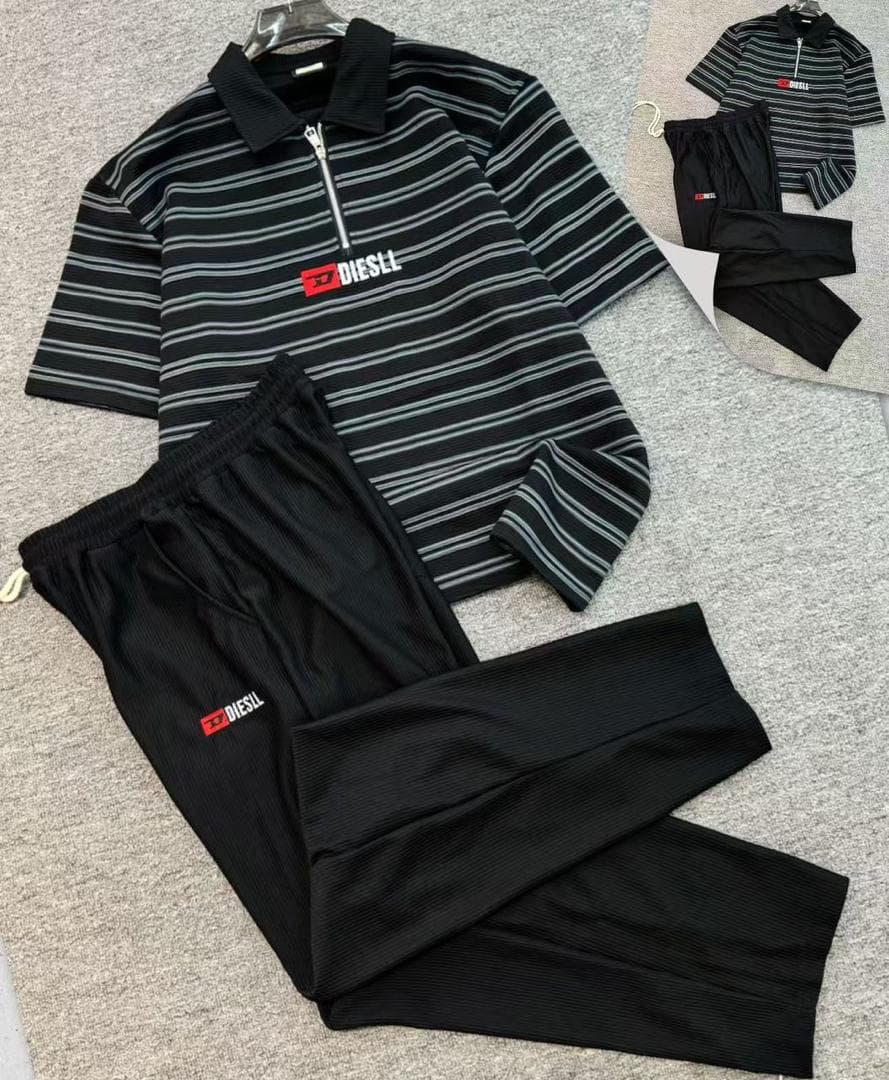 Black and gray striped ribbed quarter-zip polo two-piece set.