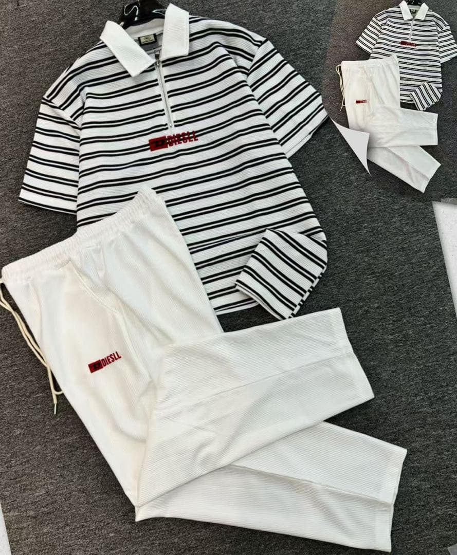 Diesel black and white striped quarter-zip polo shirt with white ribbed drawstring trousers two-piece set