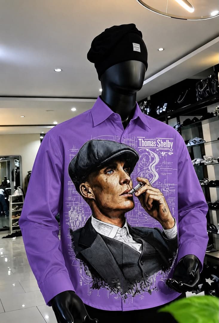 Purple long sleeve shirt with Thomas Shelby graphic on mannequin.