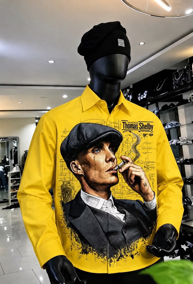 Yellow long sleeve shirt with Thomas Shelby graphic on mannequin.