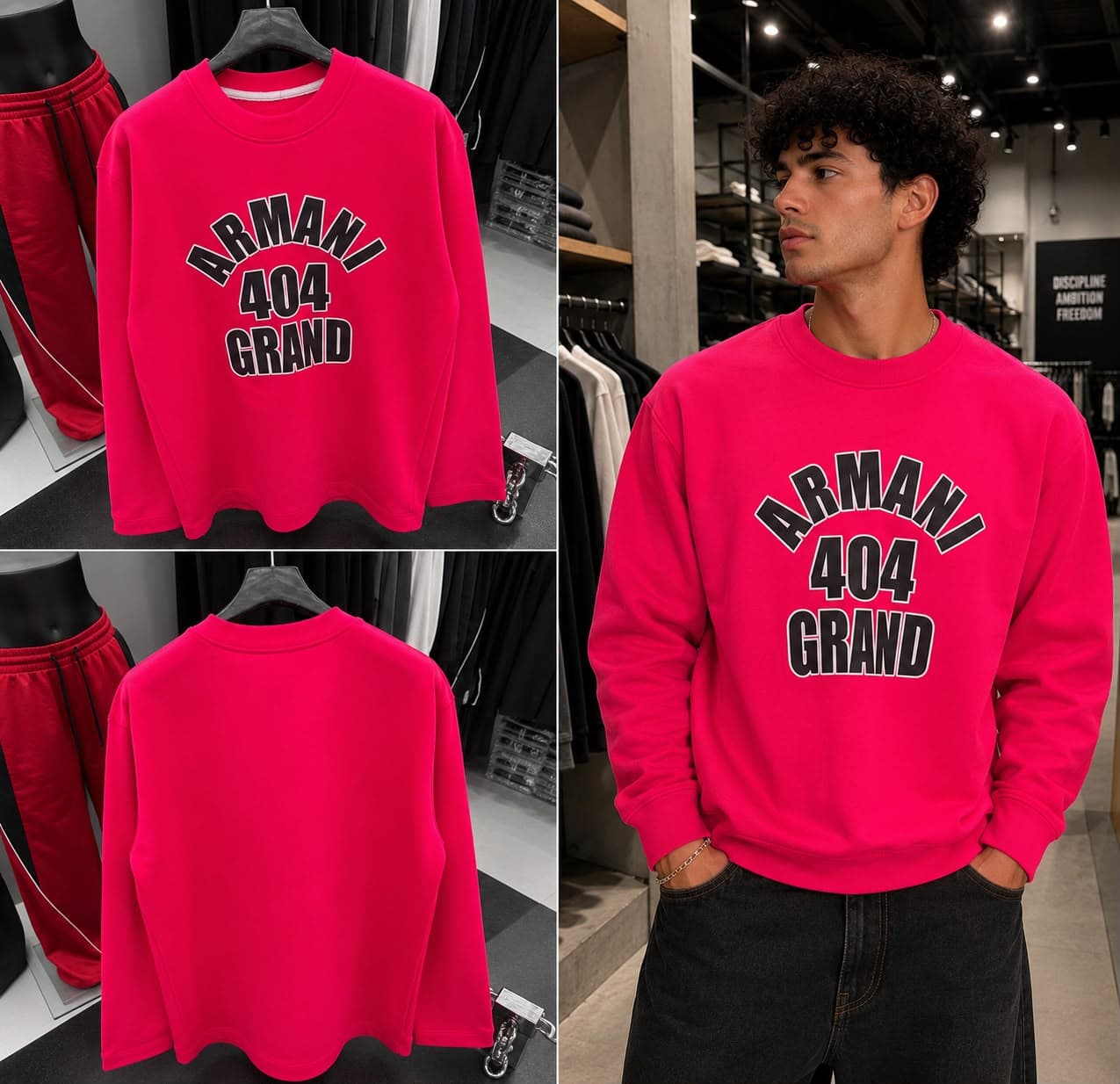 Bright pink ARMANI 404 GRND sweatshirt shown in multiple angles on model.